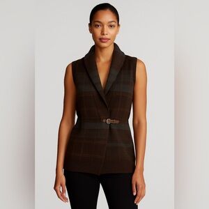 Lauren Ralph Lauren Plaid Shawl Collar Buckle Wrap Knit Sleeveless Sweater Vest